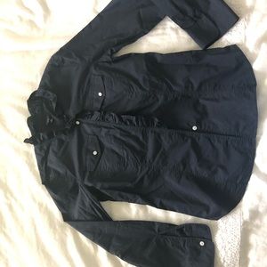 Talbots button up w lace trim navy blouse